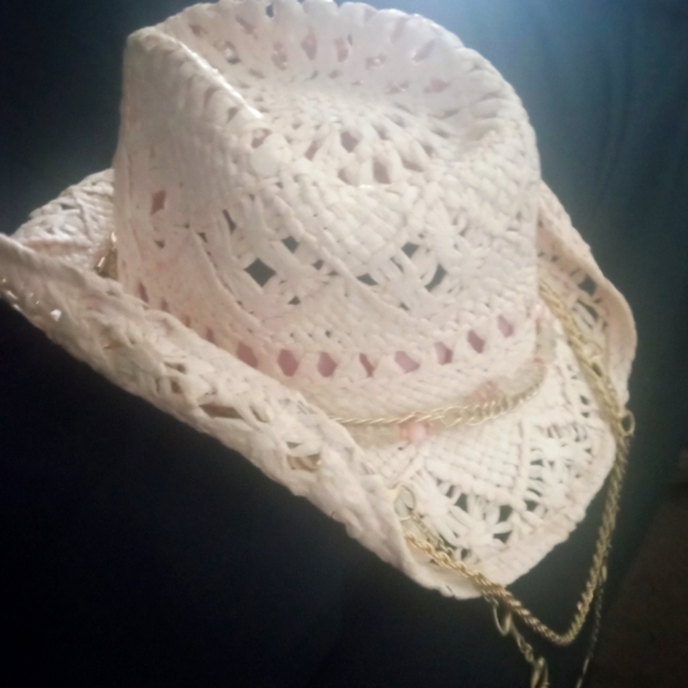 Pink cowboy(cowgirl) hat. Gold colored chain hatband adjustable